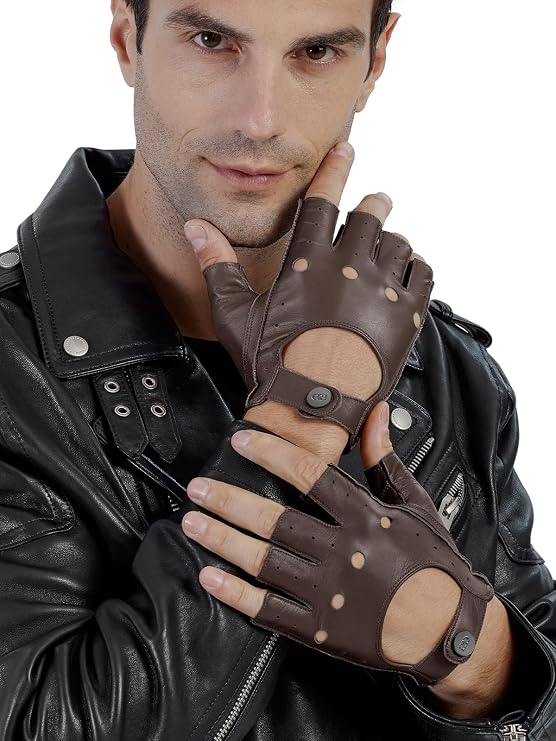 GSG Men's Fingerless Leather Driving Gloves, Half Finger, lambskin