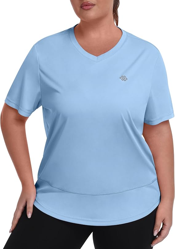 MoFiz Women Plus Size Workout Shirts Loose Short Sleeve Athletic Top | UPF 50+ Quick Dry Moisture Wicking V Neck Summer Hiking Shirt Workout Clothes For Tennis Yoga Gym Running Active XL-5XL