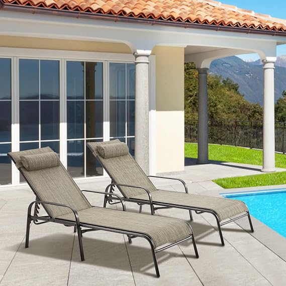 EROMMY Patio Chaise Lounge, Set of 2 Outdoor Lounge Chair, for Beach Pool Sunbathing Lawn Pool Lounge Chairs Outside Tanning Chairs for All Weather