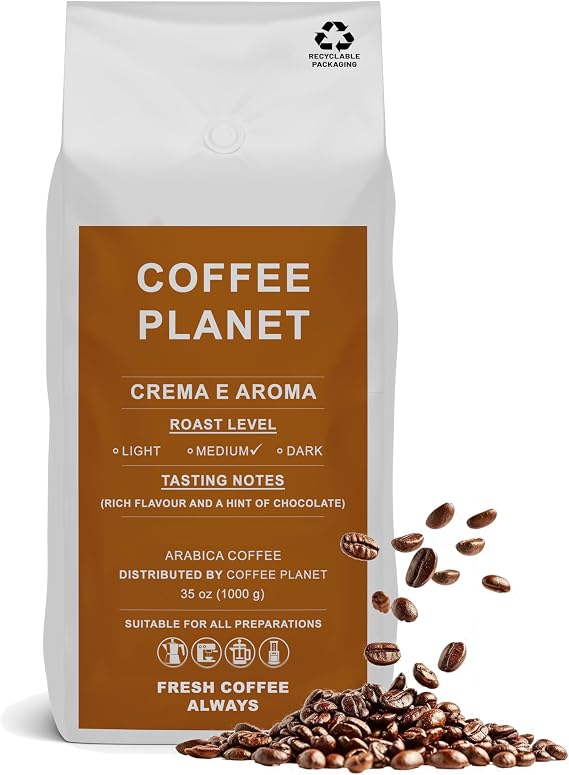 Coffee Planet | Crema e Aroma Coffee Beans - 1kg | Medium Roast | Premium Arabica Coffee Beans | Rich Flavoured