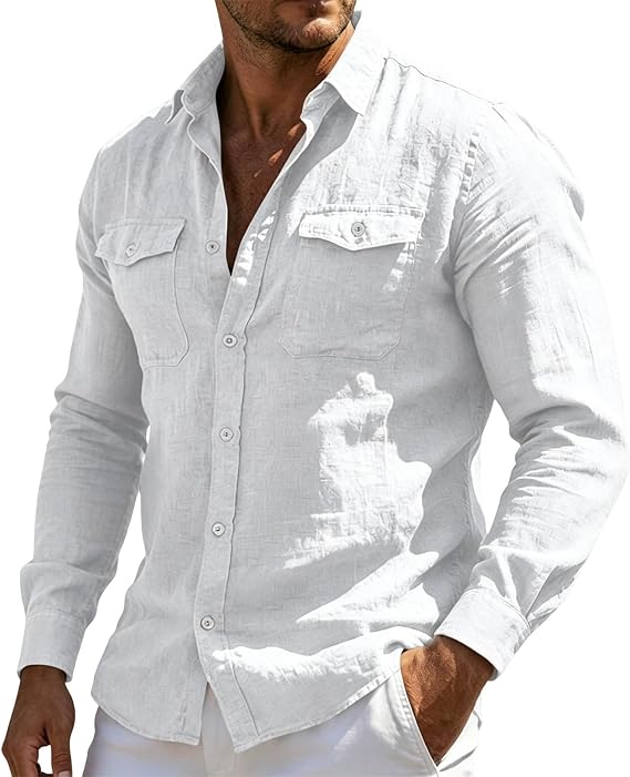 Xiaojmake Men's Cotton Linen Shirts Button Down Long Sleeve Collared Comfy Tops Casual Summer Beach Work Shirts with Pockets