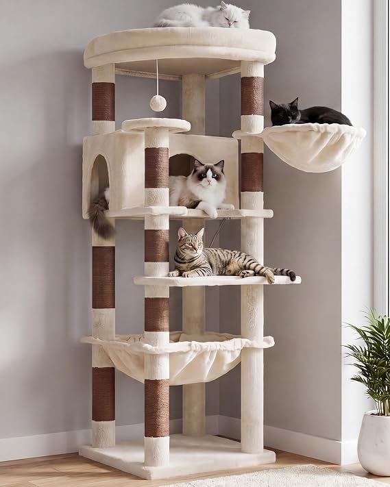 Heybly Cat Tree, 135cm Corner Stable Cat Tower for Large Indoor Cats, Well-Structured Cat Condo with Fan-Shaped Top Perch, Cozy Condo, Sturdy Base, Basket & Hammock, Beige HCT029MJ