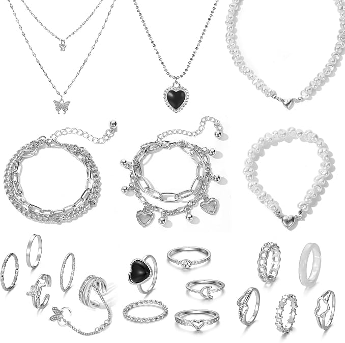 IFKM 36 PCS Silver Plated Jewelry Set with 3 PCS Necklace, 12 PCS Bracelet, 7 PCS Ear Cuffs Earring, 14 Pcs Knuckle Rings for Women Valentine Anniversary Birthday Friendship Gift