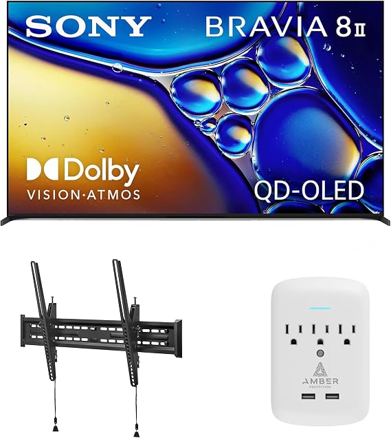 Sony K65XR80M2 65 Inch Bravia 8 QD-OLED 4K HDR Google TV with a Walts TILT-MOUNT-43-90 Large/XL Tilt Mount for 43"-98" TVs and Amber Protection 3-Outlet-Surge Surge Protector (2025)