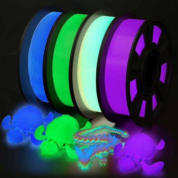 YOUSU 3D Printer Filament Bundle, Glow in The Dark Filament Multicolor, Green, Blue, Purple and Rainbow, PLA Filament 1.75 mm, Dimensional Accuracy +/- 0.03 mm, 250g X 4 Pack
