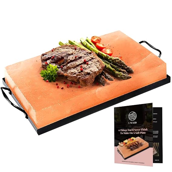 UMAID Himalayan Salt Block Cooking Plate 12x8x1.5 Food Grade Pink Himalayan Salt Stone for Cooking, Grilling, Serving & Cutting Includes Steel Tray & Grilling Recipe Booklet Unique Gifts for Men & Women