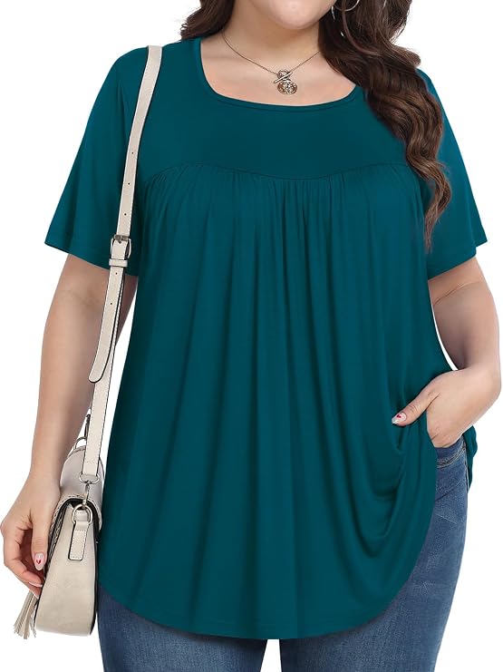PEVRL Plus Size Tops for Women Summer 2026 Short Sleeve Shirts Tunics Square Neck Casual Loose Blouses 1X-5X
