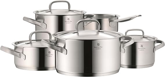 WMF Pot Set 5-Piece Gourmet Plus Inside Scale Steam Vent Hollow Handles Metal Lid Cromargan® Stainless Steel Suitable for Induction Hobs Dishwasher-Safe