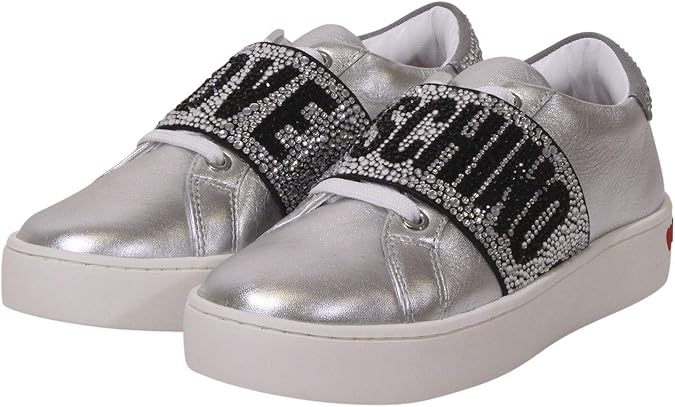 Love Moschino Women's Sneakers Rhinestone Logo Silver Sz: 7