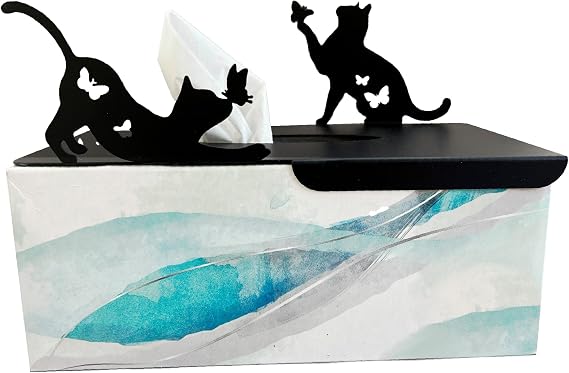 Lilys Home Playful Kitty Cat Cutout Butterfly Pet Theme Veterinarian Office Cat Lover Gift Decorative Metal Rectangular Tissue Box Cover, Matte Black, Steel