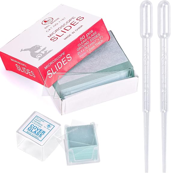 HANTANSE 50 Pieces Microscope Slides and 100pcs Pre-Cleaned 20mm x 20mm Microscope Slips Glasses Cover for Basic Biological Science Education