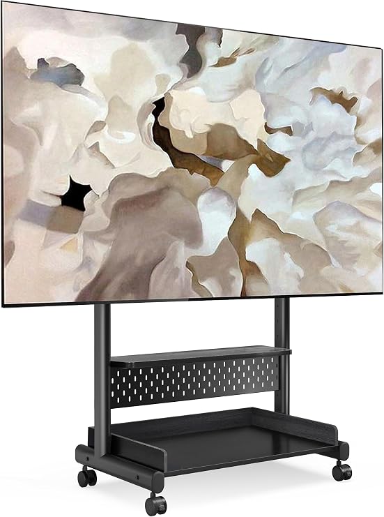 FITUEYES Rolling TV Stand Mount for 40 to 85 TVs,Mobile TV Floor Stand on Wheels with Large Storage Pegboard & Wooden Shelf,Heavy Duty TV Cart Hold Up to 132 lbs for Bedroom, Living Room, Office