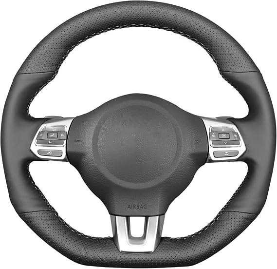 Loncky Custom Fit Stitched Black Genuine Leather Steering Wheel Cover for VW GTI 2010-2014, Jetta GLI 2012-2014, Golf R 2012-2013, Tiguan R-Line 2014-2016 Accessories