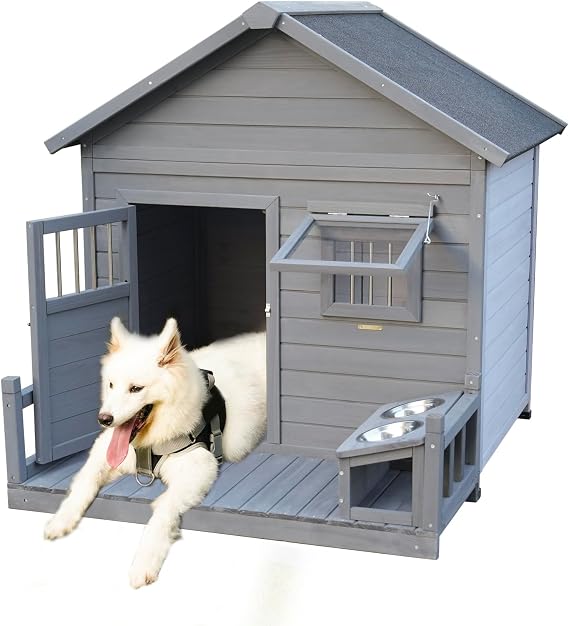 Large Outdoor Wooden Dog House, 44.2" L x 44.6" W x 44.6" H, Weatherproof Log Cabin Dog Kennel with Elevated Floor & Porch, Durable Pet Shelter for Small to Large Dogs