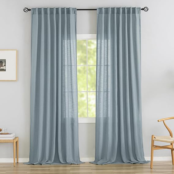 Stone Blue Linen Back Tab Curtains - 90 Inch Long, 2 Panel Set for Dining Cottage - Soft Light Weight Airy Semi Privacy Sheer Curtains with Hooks and Pocket - Light Filtering - 52 x 90 Inch Length