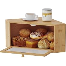 kiplant Bamboo Corner Bread Box for Kitchen Countertop - Wavy Acrylic Door, Bread Storage Container, Bread Holder