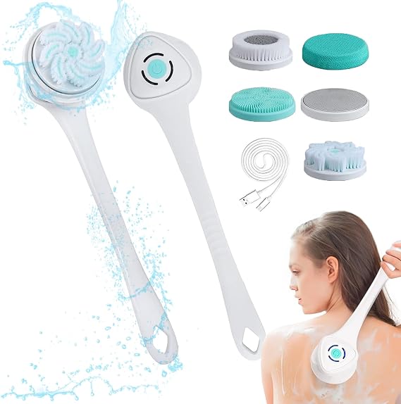 Electric Body Brush for Shower Rechargeable IP67 Waterproof Back Scrubber with 5 Heads 3 Modes Long Handle Spin Brush for Exfoliating Deep Cleaning Back Face Foot