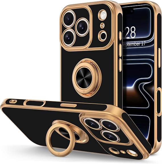 Hython iPhone 17 Pro用ケース リングスタンド付き 360°回転可能なリングホルダー 磁気キックスタンド、メッキローズゴールドエッジ ソフトカバー保護ケース iPhone 17 Pro 6.3インチ用、ブラック