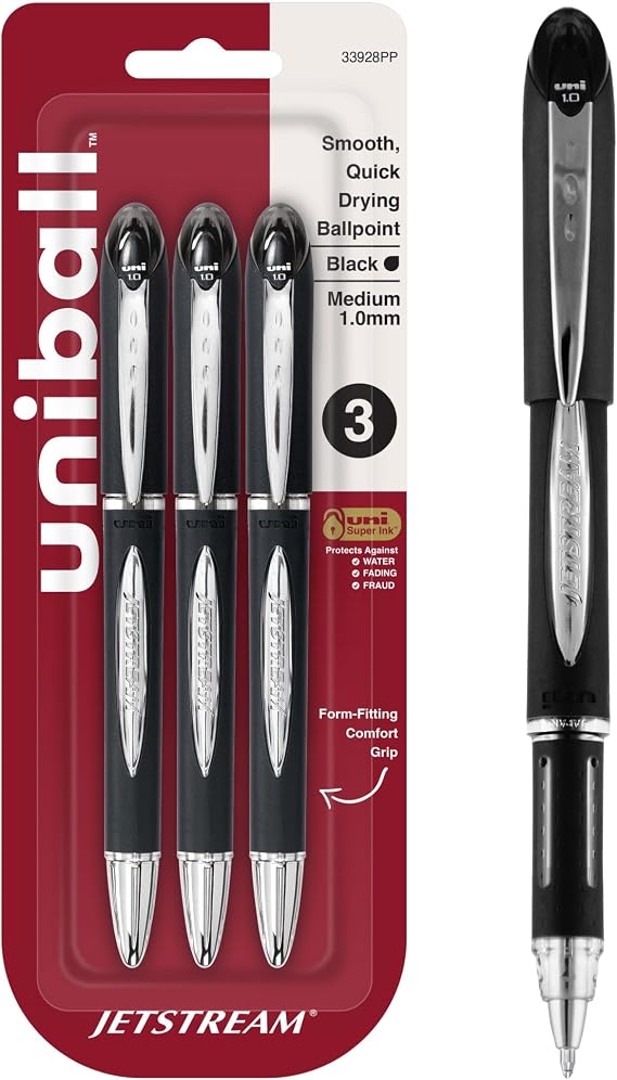 uniballTM Jetstream Ballpoint Pens, Medium Point (1.0mm), Black, 3 Pack