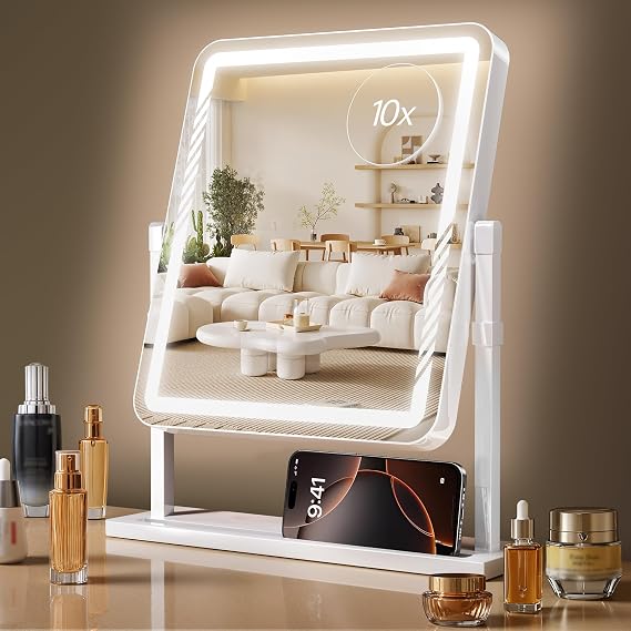 Makeup Mirror with Lights, Height-Adjustable & 360 Rotation, 1/10X Magnification, Three Color Lighting Modes, Vanity Mirror Smart Touch Control, Large Vanity Desk Mirror (17.5in,White)