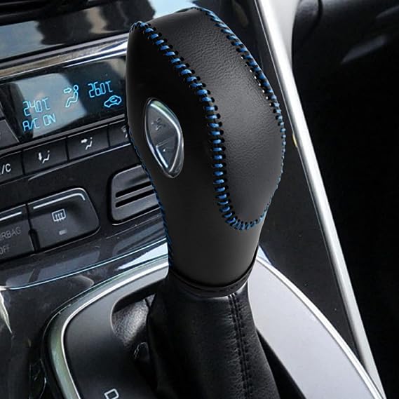 Leather Gear Shift Knob Cover with Black Leather and Blue Stitches