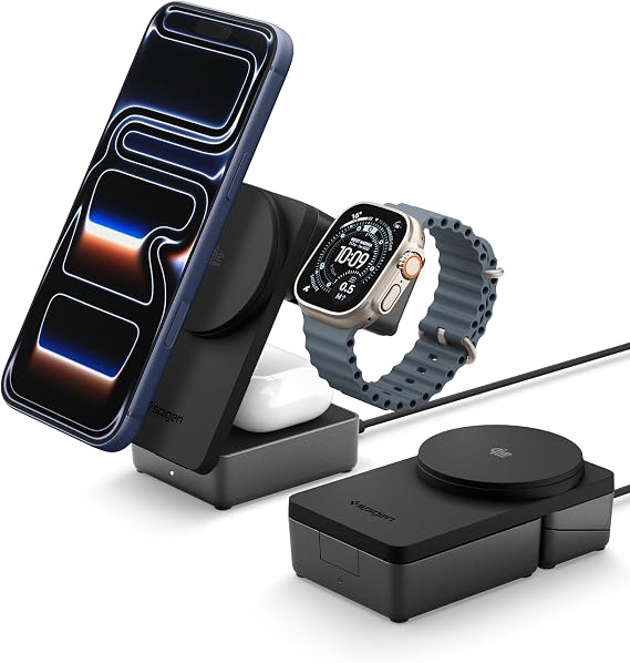 Spigen 3 in 1 Wireless Charging Station, Qi2.2 25W Fast Charger for MagSafe