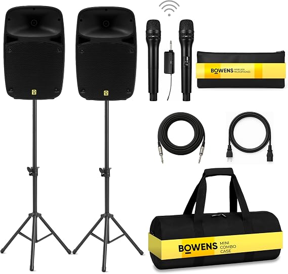 Bowens Dual 8 Inch 400W PA System Portable Speakers with Bluetooth, USB/SD, LCD & Remote DJ Sound System with Wireless Karaoke Microphone for Singing/Microfono & Stands