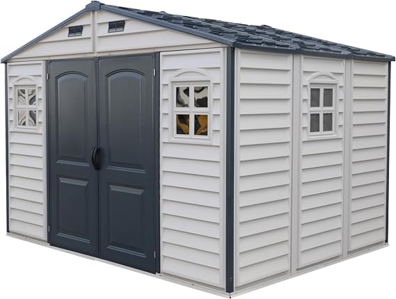 Duramax Woodside Plus 10 x 8 (8.02 m2) Plastic Garden Shed with 3 Fixed Windows & Metal Foundation Kit, Strong Metal Roof Structure Fire Retardant and Maintenance-Free Storage Shed - Dark Grey/Adobe