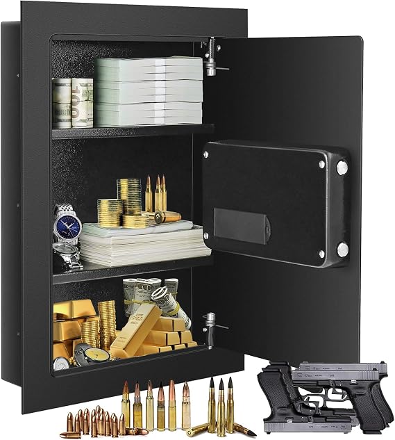 S AFSTAR Wall Safe Box, Electronic Digital Safe Box with Keypad & 2 Emergency Keys, Removable Shelf & LED Lights, Hidden Wall Mounted Safe for Cash Jewelry Document, Flat Safe Box for Home Office