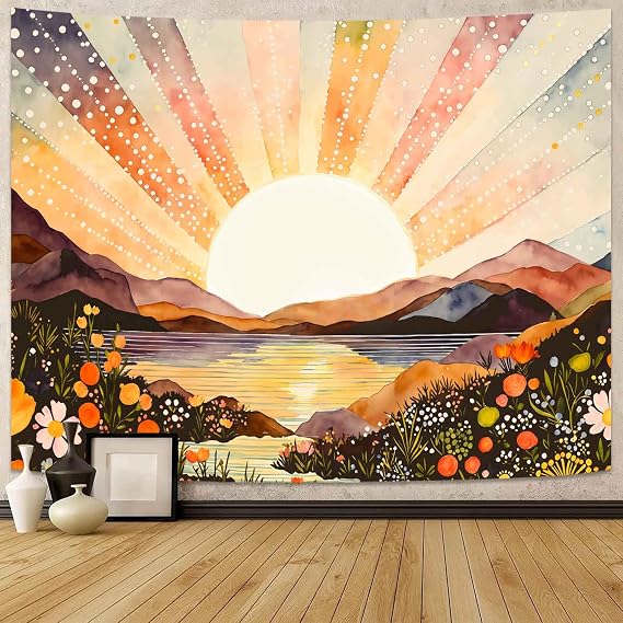 Lunerfex Sunburst Watercolor Tapestry - Landscape Wall Hanging with Mountains and Lake - Boho Aesthetic Decor Tapestries 90"x70"