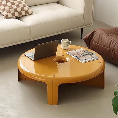 Sleek Modular Coffee Table,Round Tabletop Center Table with Sturdy Base,Plastic Circle Coffee Tables,Center Tables for Living Room, Bedroom, Office,Yellow