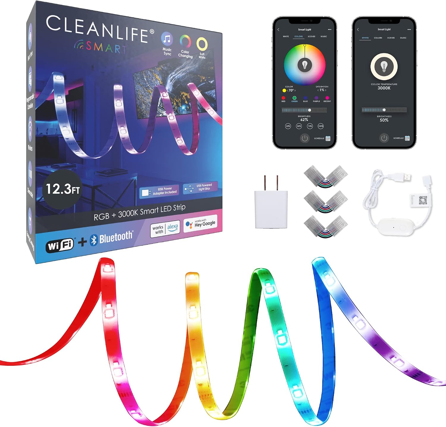 Smart LED Strip Lights - App Controlled USB Tape Light with WiFi Light Control - RGB3000K Tunable, 5VDC USB Smart Light 12.3 ft