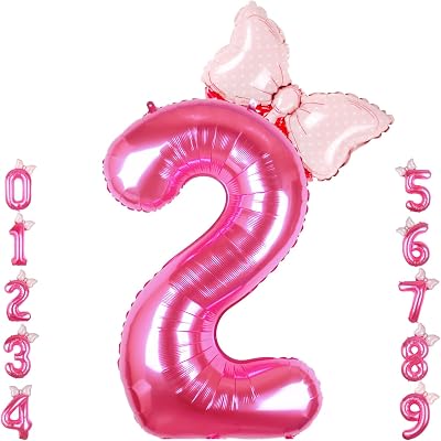 40 Inch Pink Number 2 Balloon with Mini Bow Balloon for Girls 2nd Birthday Decorations, Mouse Pink Princess Western Cowgirl Theme Birthday Party Balloons Decorations Supplies
