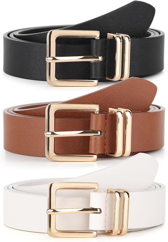 Pack 3 Women Belts for Jeans Pants, Fashion Gold Buckle Leather Belts