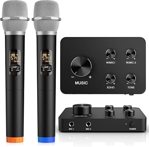 Wireless Karaoke Microphone Mixer System, Dual Handheld Wireless Microphone for Karaoke, Smart TV, PC, Speaker, Amplifier, Church, Wedding - Support HDMI, AUX in/Out