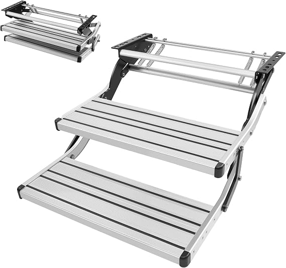 VEVOR RV Steps, 2-Step, 440 lbs Load Capacity, Manual Retractable RV Stairs, Telescopic Folding Aluminum Alloy Camper Steps, Steel Frame Non-Slip Entry Stairs for Camper Van Motorhome Travel Trailer