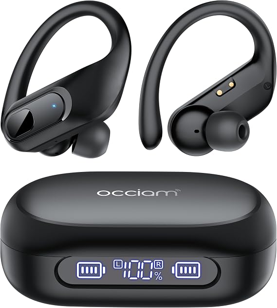 occiam Wireless Earbuds Bluetooth Headphones Ear Buds 96Hrs Playback Sport Over-Ear Waterproof Wireless Headphones Earphones with Earhooks ENC Mics Clear Call for Sport Running Workout (Black)