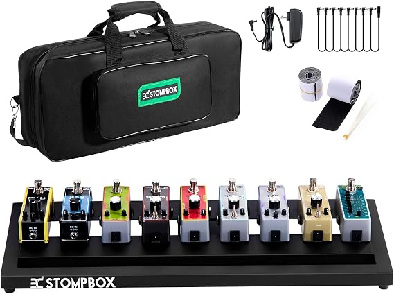 EX Guitar Pedal Board Aluminum Alloy, Super Light Effect Pedalboard 20x7.3 with 9V 2A Guitar Pedal Power Supply, Guitar Pedal Cable, 8 Way Daisy Chain Cables, Waterproof Durable Carrying Bag