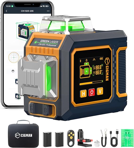 CIGMAN Green Laser Level, 3x360 Side LCD 12-Line Self-Leveling, Bluetooth App Remote, Pulse Mode for Receiver, 1/8 in. at 33 ft Accuracy, 2x Li-ion (USB-C), 1/4-20 Mount, IP54, ABS Hard Case - S03