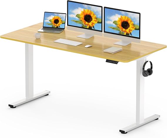 FLEXISPOT 160 x 80cm Electric Standing Desk ONE PIECE Height Adjustable Desk Sit Stand Desk with 4 Memory Smart Panel and Backpack Hook for Home Office, (White Frame+Maple Desktop)