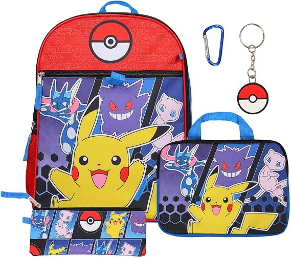 Bioworld Pokemon 5-Piece Set: 16 Backpack Padded Utility Case Small Utility Case Rubber Keychain and Carabiner