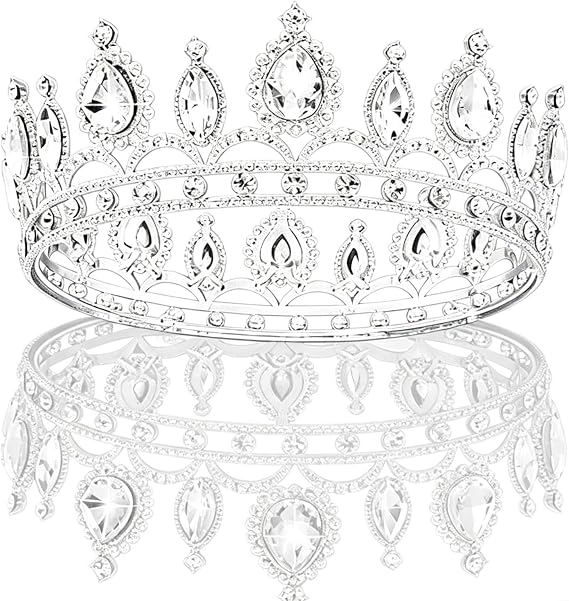 Silver Full Round Queen Crown for Women, Teardrop Crystal Rhinestone Bridal Tiara, Wedding Crown Headband for Bride Prom Birthday Party Pageant Costume