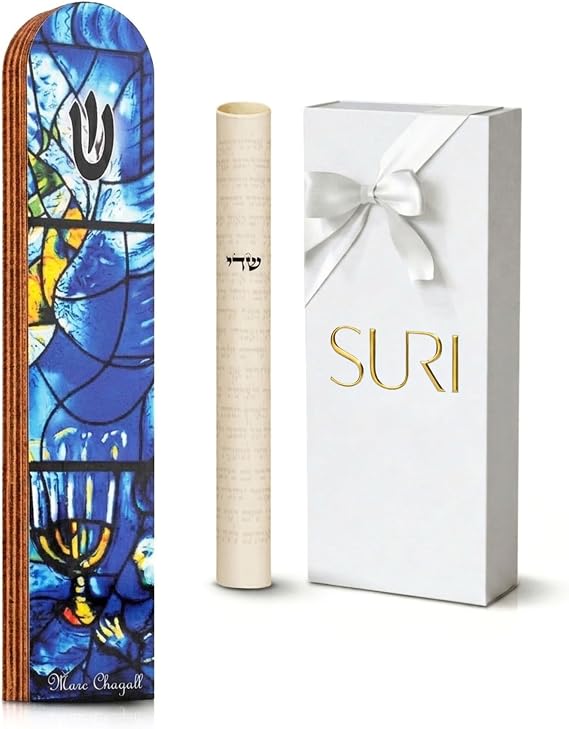 SURI Wooden Mezuzah with Printed Scroll for Door 5 Inch Chagall Inspired Blue Jewish Door mezuzah Cover, Self-Stick Adhesive, Fits a 4 Inch Scroll, Gift Box Included
