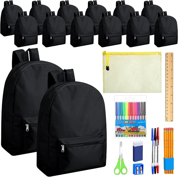 Silkfly 24 Pack 17" Backpacks Bulk with School Supplies Kit,Black