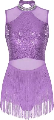JanJean Adult Women Shiny Metallic Sequined Leotard Latin Jazz Dance Costume for Samba Cha-Cha Ballroom