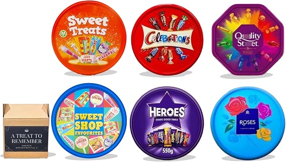 Assorted Chocolate Tubs Bundle (6 Packs) – Celebrations, Roses, Heroes, Sweet Treat, Quality Street & Sweet Shop Favourites – Christmas Sharing Tub Gift Set