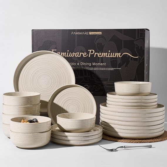 Stoneware Dinnerware Sets for 8, Reactive Glaze Plates & Bowls, Shell Beige