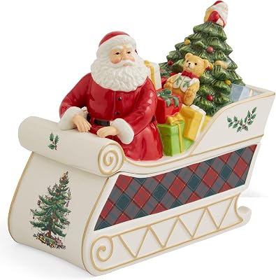 Spode Christmas Tree Santa in Sleigh Cookie Jar - 13.25 Dolomite Holiday Candy Container With Lid - Festive Kitchen Counter Decor, Seasonal Treat Jar, Gift