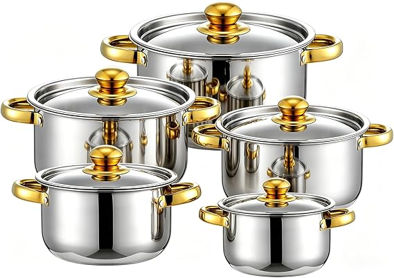 Stainless Steel Pot Set 10Pcs Stackable Cookware with Gold Handles