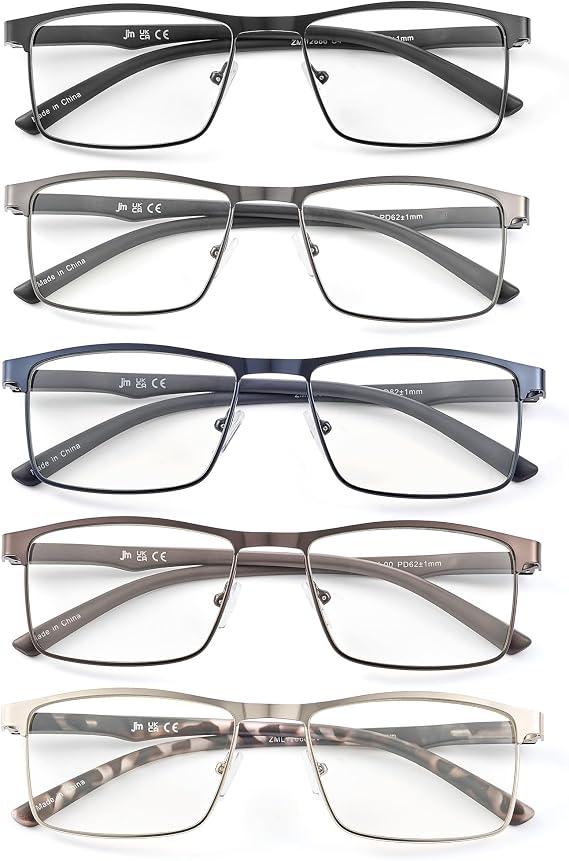 JM Reading Glasses Men 5 Pack Metal Frame Blue Light Readers Spring Hinge
